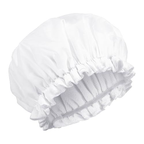 Gorros de ducha de doble capa para mujer, gorros de ducha impermeables con forro de tela de rizo, gorro de baño reutilizable (blanco)