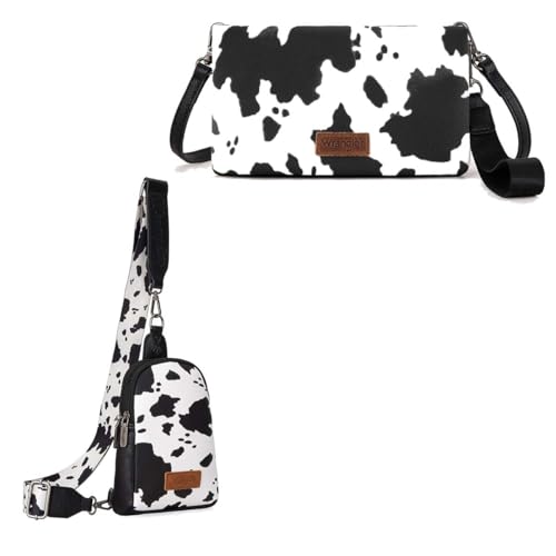 Wrangler Cow Print Sling Bag Cross Body Purse & Women Wristlet Wallet Small RFID Bifold Crossbody Wallets