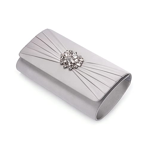 Image of Evening Bags For Women Pleated Satin Rhinestone Brooch Prom Clutch Purse With Detachable Chain Strap