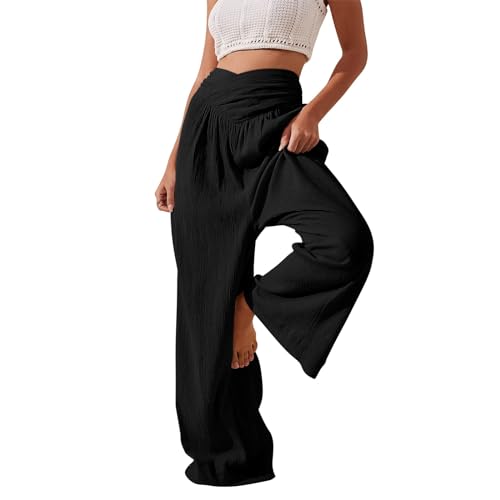 Wide Leg Palazzo Pants for Women Casual Beach Flowy Linen Pants Crossover High Waisted Long Lounge Pants with Pockets