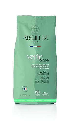 Argiletz - Argile Verte Granulée 3 Kg – Argile Naturelle Riche En Minéraux – Usage Cataplasme, Soin Corps Visage, Bain, Masque – Non Ionisée Sans Conservateur – Format Polyvalent, Personnalisable
