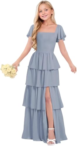 Dessiny Tiered Ruffles Junior Bridesmaid Dresses Chiffon Flower Girl Dress for Wedding First Communion Dress DE4883