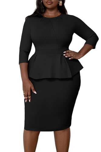 Runwind Womens Plus Size Dress - Wear to Work Business Professional Office Vintage Peplum 3/4 Sleeve Pencil Dresses Black 3XL