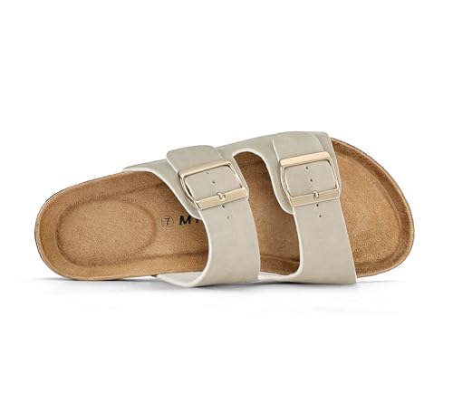 Image of mysoft Womens Flat Sandals Cork Footbed Slides with 2 Straps | Adjustable Buckle Slip On Comfortable Casual Light Weight Summer sandals