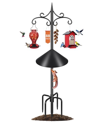Tegarbed Heavy Duty Double Shepherd Hooks Squirrel Proof for Outdoor with 5-Prong Base 88inch Adjustable Decorative Metal Bird Feeder Pole with Baffle for Hanging Bird Nests Plant Baskets 1 Pack