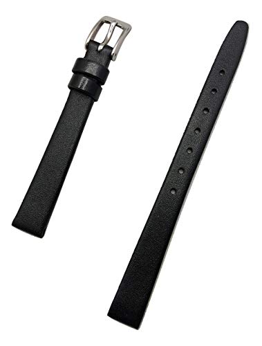 10mm Black, Flat, Elegant Calfskin Leather Watchband | Smooth Genuine Leather Replacement Wrist Strap that brings New Life to Any Watch (Womens Standard Length)