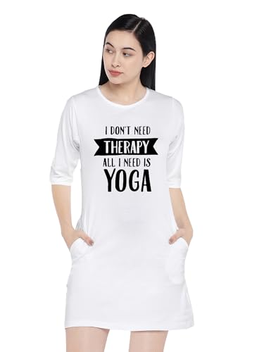 Image of STATUS MANTRA Women's Long T-Shirt Dress - Cotton Casual Knee Length Dress with 3 /4 Sleeves | Soft Bio-Washed Fabric, Crew Neck, Relaxed Fit | Comfy Summer Lounge Wear