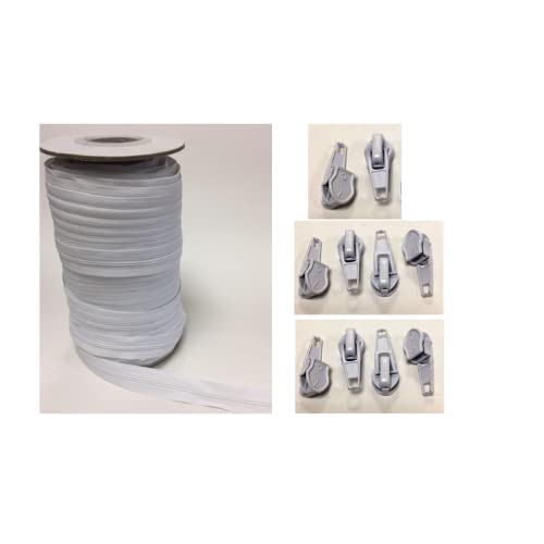 Continuous Zipping White - Black and Beige with Sliders Cushions Upholstery Nylon Coil Zipper Tape for Sewing Heavy Duty zips on roll Number 5 (White 10 Meter with 20 Sliders)