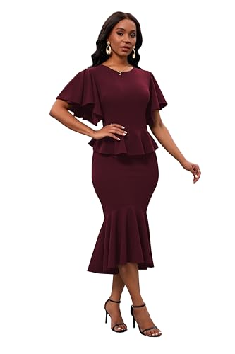 Image of Womens Summer Ruffle Short Sleeve Fishtail Dress Evening Cocktail Formal Peplum Midi Mermaid Dresses Elegant