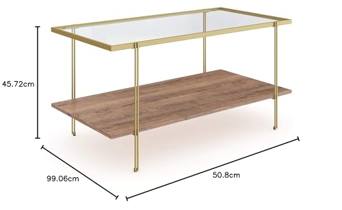 Image of Nathan James Asher Mid-Century Rectangle Coffee Table Glass Top and Rustic Oak Storage Shelf with Sleek Brass Metal Legs, Gold.