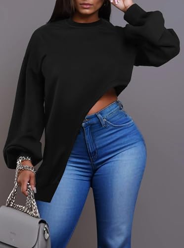 LovelyWholesale Women Asymmetrical Oversized Sweatshirt Crew Neck Long Sleeve Crop Pullover Tops2