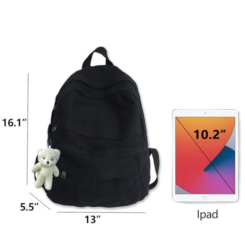 Cute Canvas Backpacks for Women Girls, Aesthetic Laptop Bookbag Vintage Backpack for College High School, Black4