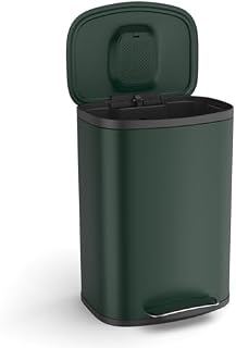 13 Gallon Stainless Steel Foot Pedal Large Trash Can with Soft Close Quiet Curved Surface Top Lid and Deodorant Storage Space, with 30 Garbage Bags for Kitchen/Home/Office Trash can and More - Green