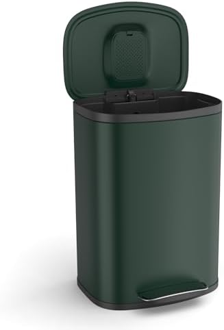 13 Gallon Stainless Steel Foot Pedal Large Trash Can with Soft Close Quiet Curved Surface Top Lid and Deodorant Storage Space, with 30 Garbage Bags for Kitchen/Home/Office Trash can and More - Green