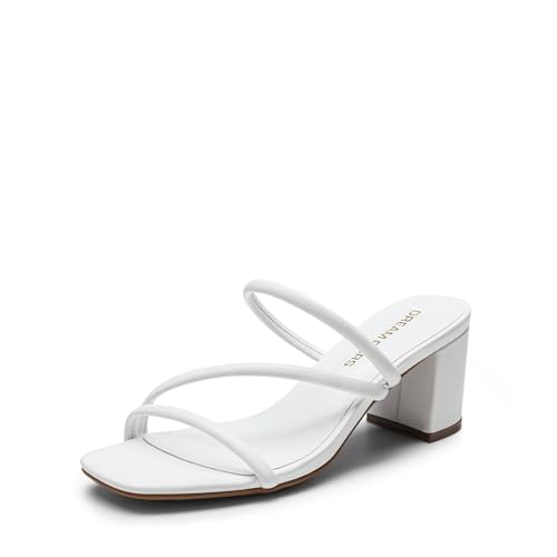 DREAM PAIRS Women's Strappy Heels Open Toe Low Chunky Heel Slip On Mules Square Block Sandals Dress Shoes 9 White