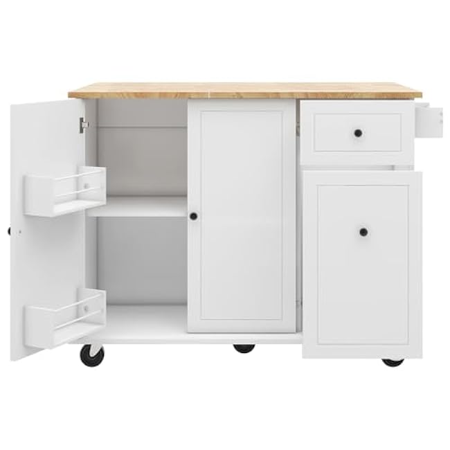 Maximize Kitchen Space with Rolling Kitchen Island Cart, Drop Leaf Tabletop & 3-Tier Storage Organizer, White-ksRxV8ky