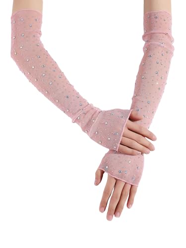 SHENHE Womens Sheer Lace Gloves Tulle Mesh Vintage Long Fingerless Gloves Elbow Length Arm Sleeves Mittens Rhinestone Pink One Size