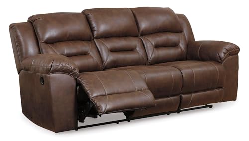 Image of Signature Design by Ashley Stoneland Faux Leather Manual Pull Tab Reclining Sofa, Dark Brown