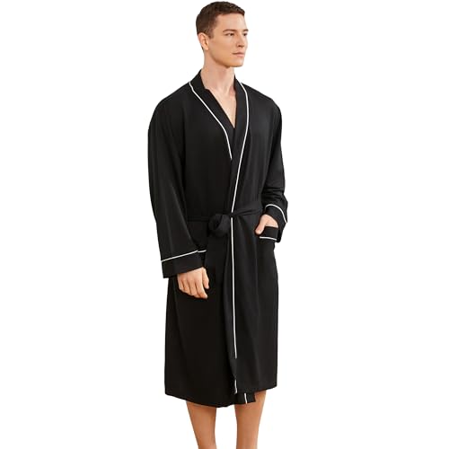 Image of Mens Lightweight Robe, Knit Kimono Bathrobe Spa Sleepwear Soft Knee Length Robe With Pockets