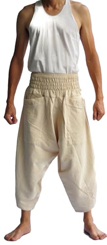 Men’s Thai Fisherman Harem Pants – Cotton Yoga Pants with Elastic Waistband & Pockets – Boho Lounge Trousers for Meditation, Casual Wear, Beach & Travel