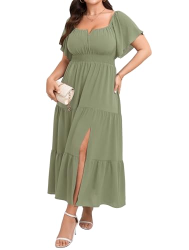 Image of SCOMCHIC Womens Plus Size Maxi Dress Formal Short Sleeve Square Neck Smocked Side Split Flowy A Line Tiered Long Dress
