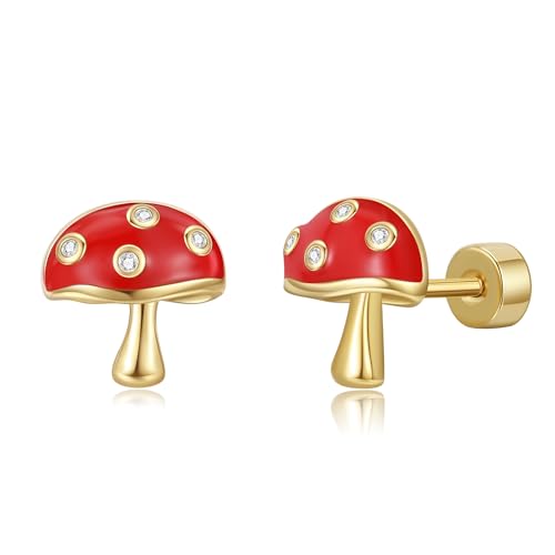 Hanreshe Mushroom Screw Back Earrings for Girls Gold Hypoallergenic Mushroom Crystal Stud Earrings