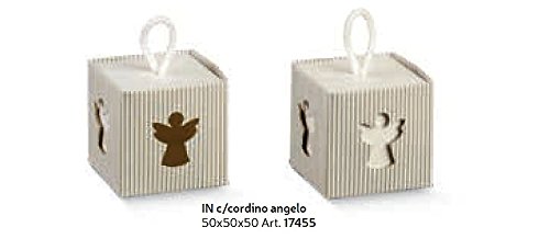 Lot de 20 boîtes à dragées avec motif ange blanc à rayures taupe 5 x 5 x 5 cm pour bonbonnière communion baptême avec cordon