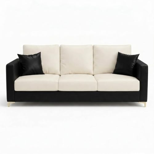 Image of Hayes Dual Tone Premium Leatherette 3 Seater Sofa | Golden Aesthetic Legs | Spacious Soft Touch Comfort Seating | Modern Sofa for Living Room (Black & Cream)
