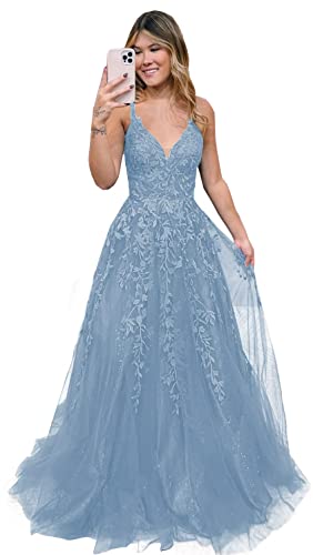 Robe de soirée longue en tulle col en V Bleu Dusty taille 46 pour femme