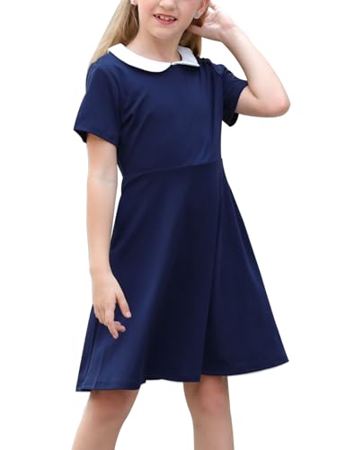 GORLYA Girls Short Sleeve Casual Vintage Peter Pan Collar Fit and Flare Skater Party Dress with Pockets (GOR1006 9-10Y Navy)