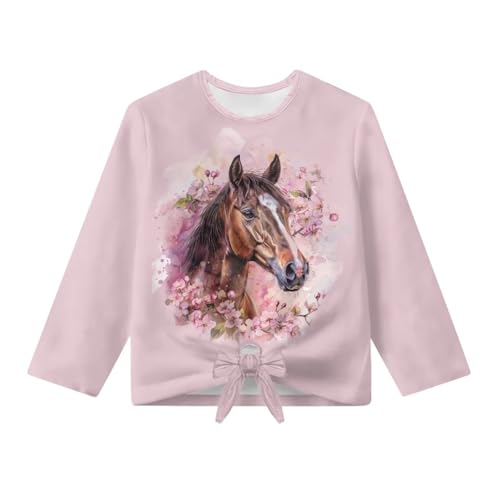 Xhuibop Girls Long Sleeve Shirts Tie Knot Front Stylish Graphic Tees Kids Fall T-Shirt for Age 5-124