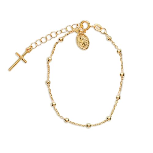 Image of Cherished Moments 14K Gold-Plated Rosary Bracelet First Communion or Confirmation Gift for Girls with Miraculous Medal and Cross Charm