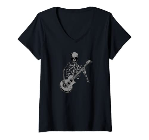 Womens Electric Guitar Skeleton Musician - E-Guitar Rock Guitarist V-Neck T-Shirt, Black