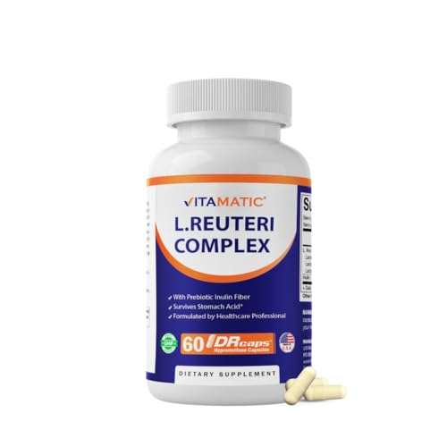 Vitamatic Lactobacillus Reuteri Complex 22 Billion CFU per Delayed Release Capsule 60 Capsules Digestive & Gut Health Support with Prebiotic Inulin Fiber