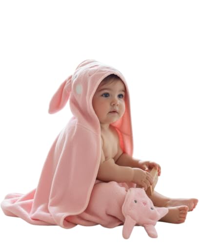 Image of Maeve + Rose Hooded Baby Towel with Mitt - Ultra Soft Plush Bath Essential for Newborn, Infant & Toddler - Premium 30x30 Inch Large Absorbent Baby Bath Towels with Hood for Boys & Girls (Cute Bunny)