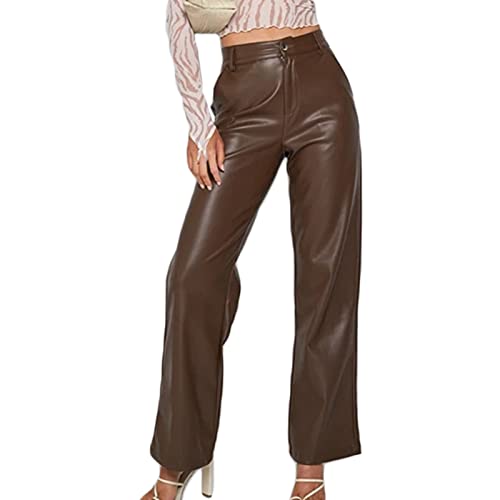 Faux Leather Pants for Women Solid Color High Waist Straight Leg Trousers Vintage 90s Streetwear Pant with Pockets
