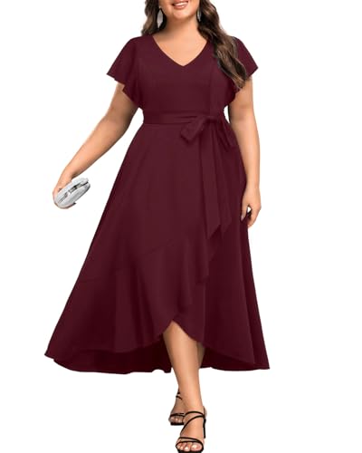 Women Plus Size Wedding Guest Dress - Formal Cocktail Split Ruffle V Neck High Low Party Long Maxi Dresses 2025