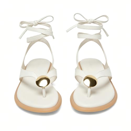 Image of Flat Sandals for Women Strappy Sandals Comfortable Dressy Beach Flip Flop Slides Thong Sandals for Women with Metal Circular