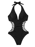 SweatyRocks Women's Deep V Neck Cutout High Waisted Halter Monokini One Piece Swimsuit Black M