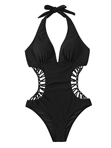 SweatyRocks Women's Deep V Neck Cutout High Waisted Halter Monokini One Piece Swimsuit Black M