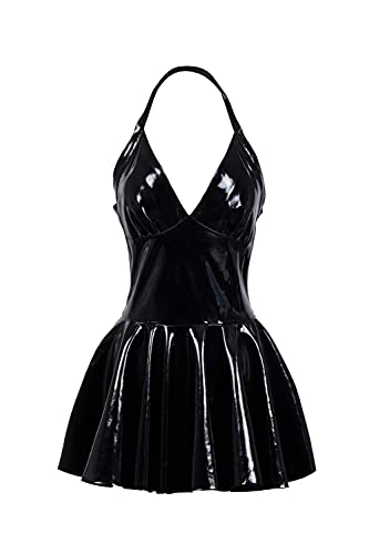 WSHD Women's Wet Look Latex PVC Skater Dress Clubwear, Black#2, Small
