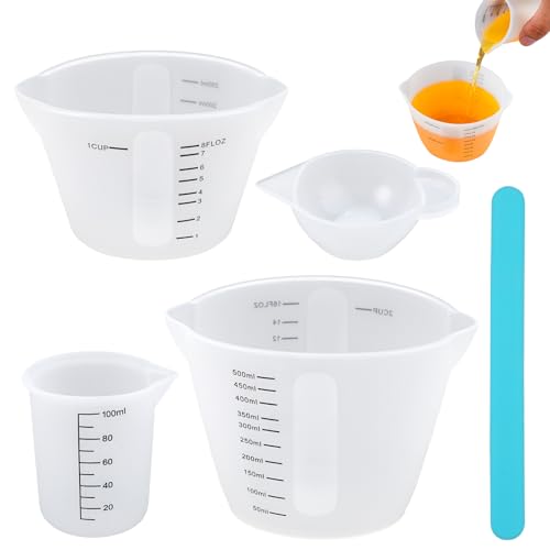 4 Piezas Vaso Medidor Silicona, Resina Epoxi, 10ml/100ml/250ml/500ml Vasos Medidores, Jarra Medidora Antiadherente, Tazas de Silicona para Resina y Manualidades