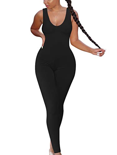XXTAXN Women's Sexy Bodycon Sleeveless Tank V Neck Long Jumpsuit Black