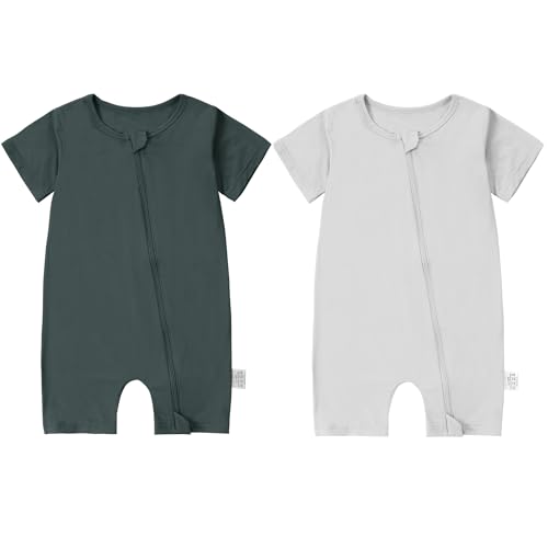 COOKY.D Mameluco unisex de fibra de bambú de manga corta para primavera para bebés y niñas de 0 a 24 meses, paquete de 2 unidades, Gris oscuro y gris, 12-18 meses