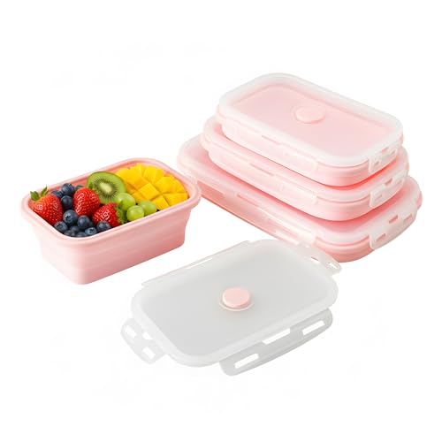 Image of The Better Home | Lunch Boxes | Food Grade Silicone | Tiffin Box Foldable Airtight Lid | Lightweight Travel-Friendly | Easy to Clean | Pack of 4 Multiple Sizes 350ml 500ml 800ml 1200ml Pink