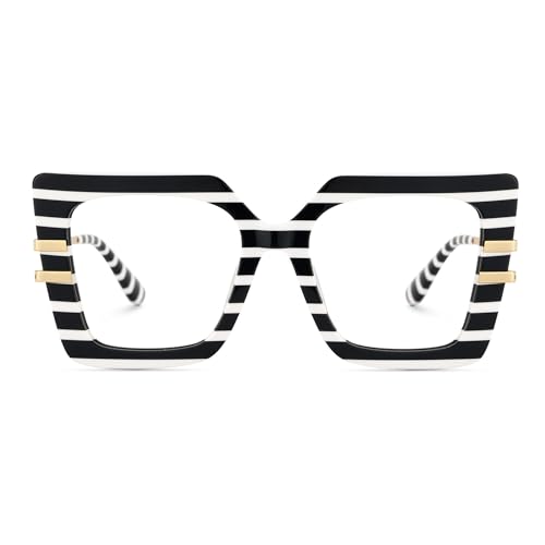 Zeelool Oversized Square Glasses Frames for Women Black White Stripe Eyeglasses Fashion Non Prescription Designer Eyewear Poutine JGX444789-10