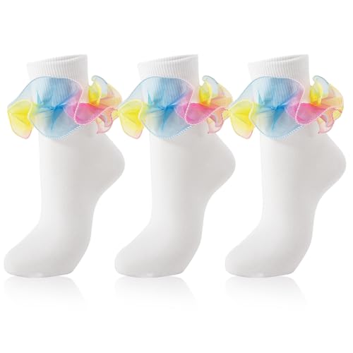 Image of Women Big Ruffle Ankle Socks Adult Double Lace Frilly Turn Cuff Dress Socks Cotton Cute Fancy Bobby Crew Socks