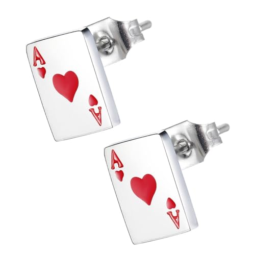 WATIIFUFU Pendientes de Tuerca para Mujer Diseño de Póker Rojo Acero Inoxidable Hipoalergénico Joyería de Moda para Fiestas y Uso Diario Accesorio Original Forma de Corazón y Trébol
