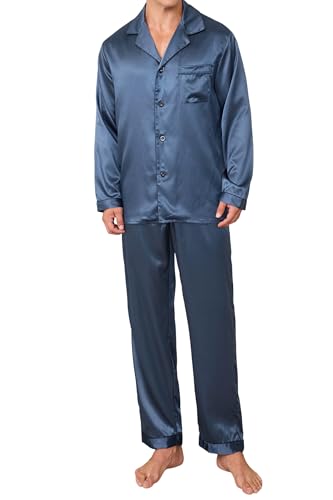 JupiterSecret Mens Silky Satin Pajamas Set Long Sleeve Button-Down Luxurious Pjs 2 Pieces Sleepwear with Pockets
