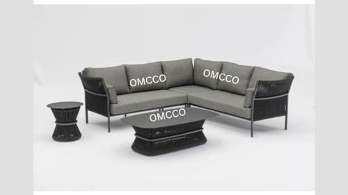 Image of OMCCOFurniture Outdoor-3 Pcs Rope L Shape Sofa Set in Grey Color Patio Sofa Set with Grey Cushions and Center Table for Garden or Balcony